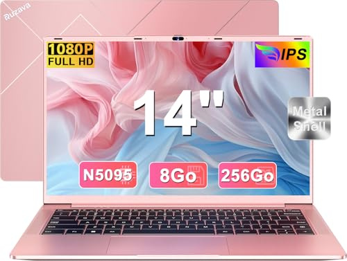 Ruzava Laptop 14 Zoll FHD IPS Display, Win11, Celeron N5095 (bis 2.9GHz), 8 GB RAM 256GB SSD Unterstützung 1TB, 5G WiFi, USB 3.0, 5000mAh, HDMl, PC QWERTY Deutsche Tastaturfolie - Golden Metall