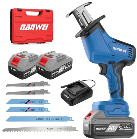 NANWEI Cordless Reciprocating Saw, 20V Brushless Motor 3500RPM Variable Speed, 2×4.0Ah Batteries, Tool-Free Blade Change, LED Light, 6 Blades, Portable for Wood/Metal/PVC Cutting (4.0Ah Batteries)