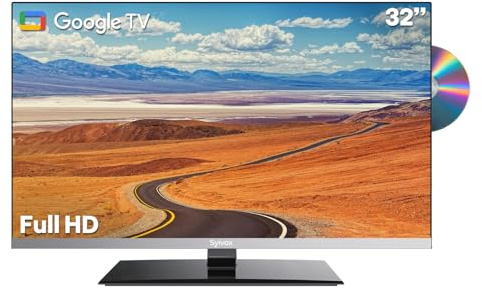 SYLVOX 32-inch 12V TV with Built-in DVD Player, Smart TVfor RVs & Campers, 1080P FHD, Google OS, WiFi & Bluetooth, 2 HDMI, 2 USB, AC/DC Powerd, Frameless Design