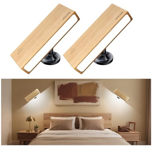 HUAJUN 2 Pcs Battery LED Wooden Wall Lamp, 360° Rotation Rechargeable | Wireless Rechargeable Wall Sconce with Voice Control, Modern Style Acceceries for Reading