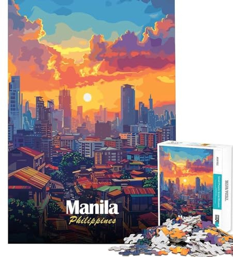 Puzzle 1000 pièces pour Adultes Paysage Urbain de Manille Philippines au Coucher du Soleil Défi intellectuel Jeu addictif et Manuel Décoration Murale Idée Cadeau (Dimensions 38x52cm)
