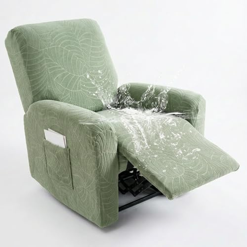 Hearda Housse Fauteuil Relax 1 Place Extensible, Résistant aux Eclaboussures 4 Pièces Housse pour Canapé Relax, Housse de Fauteuil Relax Inclinable Electrique avec Poche, Motif Feuillu-Vert Clair