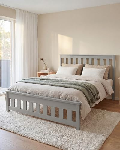 EcoBeds ADA Holzbett 140x200 cm Kiefer Massivholz bis 200 kg | Grau - Doppelbett, Bettgestell mit Lattenrost und Stauraum, für Erwachsene, robust, einfache Montage