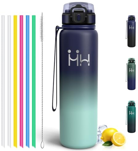 Motswedi Borraccia Termica 1 Litro, con Cannuccia, Borracce Termiche, a Prova di Perdite, Borraccia Acciaio Inox, per Bevande Calde e Freddo, per Palestra, Campeggio, Yoga, Blu Scuro & Verde