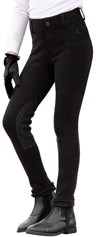 HORZE Nora Girls Riding Pants | Pull-on Kids Equestrian Leather Knee Patch Jodhpur Breeches - Black - XL