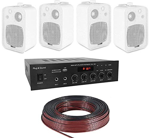 IMPIANTO AUDIO FILODIFFUSIONE PARETE 100V amplificatore BT+ 4 altoparlanti + cavo SISTEMA AUDIO LOCALI PUB LIDI SUPERMERCATI