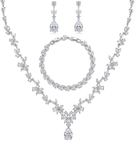 Hadskiss Jewelry Set for Women, Necklace Dangle Earrings Bracelet Set with White AAA Cubic Zirconia, Allergy Free Wedding Party Jewelry for Bridal Bridesmaid