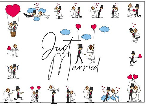 50 Ballonflugkarten 10,8x14,6cm leichte Ballonkarten wetterfest versch. Motive für einen weiten Flug gelocht Flugkarten Postkarten für Luftballons und Herzluftballons (Comic - just married)