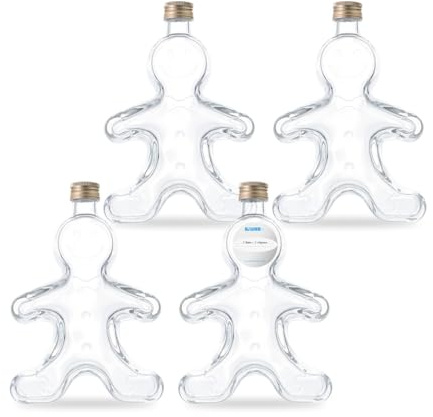 Flaschenbauer - 4 x Leere Glasflaschen 250ml Lebkuchenmann: Mini Glasflaschen mit Schraubverschluss Gold verwendbar als kleine Flaschen zum Befüllen, Leere Schnapsflaschen klein, Inklusive Etikett
