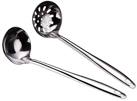 Iwinna 2pcs Stainless Steel Soup Ladle Skimmer Spoon Set Soup Spoon Hangable Kitchen Utensil Tool