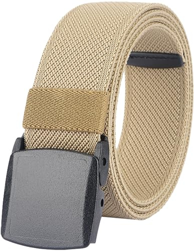 Men's Stretch Web Belt, Elastic Sports Belt for Men Women with Plastic Buckle for Work Travel Golf Outdoor, Breathable Casual Waist Belts for Pants Size Below 46 inches [49L x 1.5W] (Khaki)