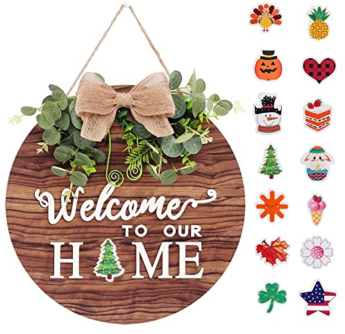 Türdeko Haustür Willkommensschild, 30 * 30 * 0.5cm Haustür Holzschild Kranz, Haustür Deko für Künstlichen Pflanzen und 3D-Buchstaben, Innen Außen Dekoration, Türdeko deko Hängend mit 14 Accessoires