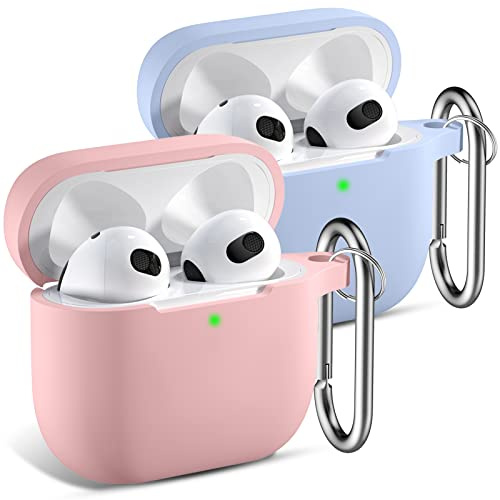 CeMiKa 2 Pacchi Custodia per AirPods 3 Cover - Case Protettiva Antiurto in Silicone Compatible avec Apple AirPods Terza Generazione Custodia 2021, con Moschettone - Sabbia Rosa/Lilla