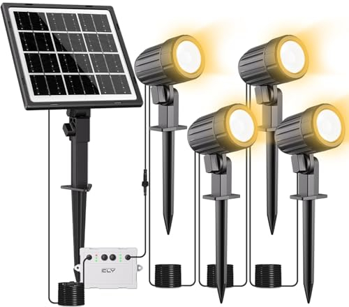CLY Spot Solaire Extérieur Blanc Chaud, Projecteur Exterieur Solaire 2 Modes Dynamiques 3 Luminosité Lampe Solaire Exterieur Jardin 5000mAh Étanche P66 pour Chemin Cour Allée Halloween Noël