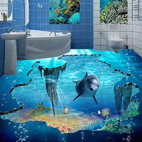 Autocollant de sol imperméable 3D sur mesure - Papier peint de sol - Dauphin - Océan - Animal - Peinture au sol PVC - Autocollants de salle de bain - 250 cm x 175 cm