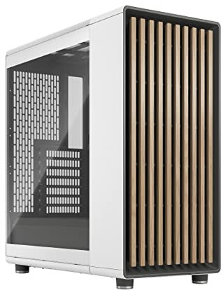 Fractal Design North Chalk White Tempered Glass Clear - Front aus Eichenholz – Seitenpanel aus Glas – Zwei 140-mm-Aspect-PWM-Lüfter enthalten – USB Typ-C – ATX Airflow Mid-Tower PC-Gehäuse für Gaming