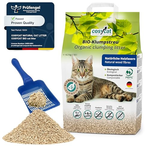 COSYCAT Klumpendes Katzenstreu Bio aus Holz, 100% Natürlich, [fein], [1x10l], in der Toilette entsorgbar, Klumpstreu pflanzlich, staubfrei ohne Duft
