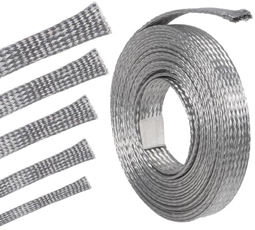 Tinned Copper Braid Wire Shielding Flat Cable Sleeve EMI RFI ESD Protector Ground Straps Flexible Mesh (11/16 in Wide(0.44 in Dia)-15ft)