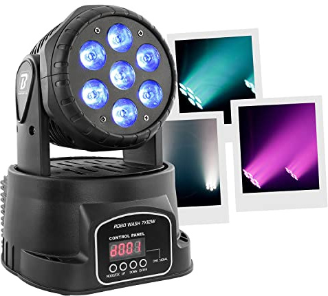 BoomTone DJ ROBO WASH 7X12W LED RGBW Bühnenlicht 4in1 Dimmer, Stroboskop, Moving Head Spots, Motorisierte Lyra, automatische Programme, Musikerkennung, DMX, Master/Slave