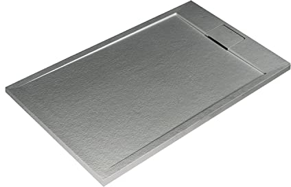 Ideal Standard - Ultra Flat S i.life, Piatto doccia rettangolare 120x80 in resina, Piletta di scarico lato corto, Finitura opaca effetto pietra, Grigio cemento