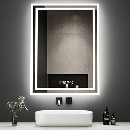 Boromal Badspiegel mit Beleuchtung 50x70cm Badezimmerspiegel mit Beleuchtung Badspiegel mit Uhr 3 Lichtfarbe Dimmbar 3000-6500K 2470LM Wandspiegel Lichtspiegel LED Spiegel mit Uhr, Touch Schalter