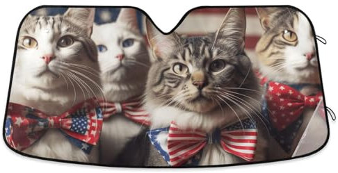 ZRWLUCKY Auto-Sonnenschutz mit amerikanischer Flagge, Motiv: Unabhängigkeitstag, Katzen, faltbar, UV-Visierschutz, hält das Fahrzeug kühl, Auto-Sonnenschutz, Blöcke für SUV, Jeep, LKW