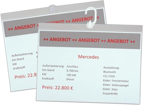 Verkaufsschilder aus Polycarbonat für die professionelle Preisauszeichnung, lichtecht, mit Haken oder Saugnapf, für DIN A4 oder A3 Preisschilder, Format DIN A3 quer, Verpackungseinheit: 5 STK
