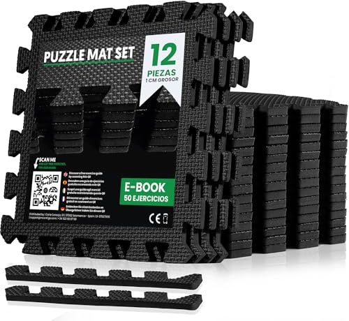 unycos - Bodenschutzmatte Set, 12 Teile, Puzzlematte【30x30x1 cm】 rutschfeste Schutzmatten per Fitnessraum und Sportgeräte, Gymnastikmatte, Trainingsmatte, Yogamatte, Wasserdicht, Ungiftig (Schwarz)