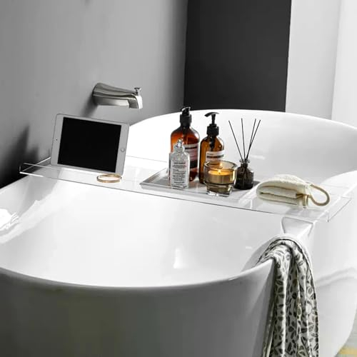 asdchZen Badewannentablett aus Acryl, transparenter Badewannentablett, Tisch zur Aufbewahrung von Seife, Telefon, Handtuch, Kerze, 70 cm - 120 cm Länge, erhältliche Wannenhalterung (Clearwhite 110 cm)