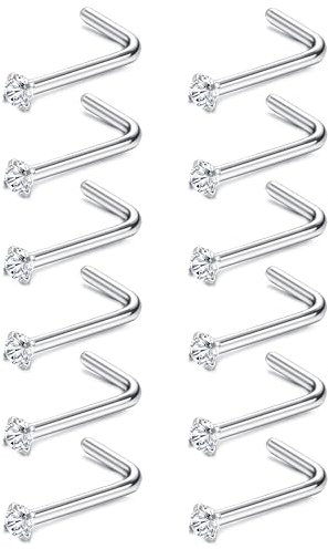 Sllaiss 20G Edelstahl Nasenpiercing Stecker 12 Stücke L-Form Nasenstecker für Frauen Männer Zirkonia Nasenpiercing Set Nasenpiercing Chirurgenstahl Löschen Zirkonia