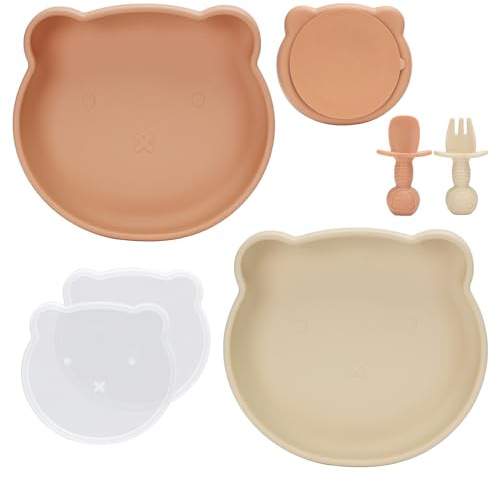 MOJINL Silikontallrik med sugkopp och lock, halkfri barntallrik med avdelning baby, BPA-fri servis med silikonslev och babygaffel 2 stycken