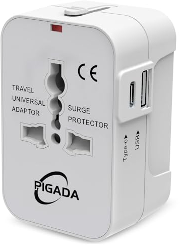 Adaptador de viaje universal con 1 USB y 1 USB C, PIGADA TA02, adaptador de viaje internacional para Alemania, Estados Unidos, Inglaterra, Italia, Australia