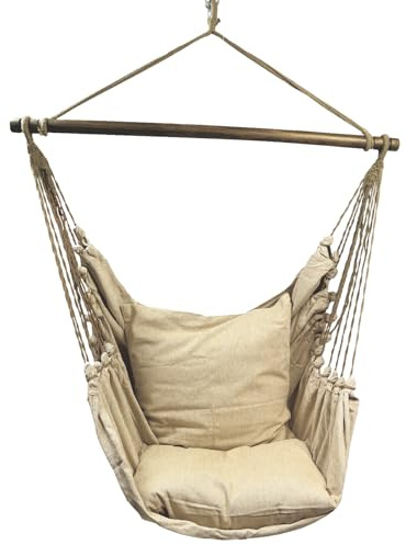 HOBEA-Germany Hängesessel Hängestuhl Hängesitz mit 2 Kissenhüllen: XXL (bis 140kg belastbar), Farben Hängesessel: beige