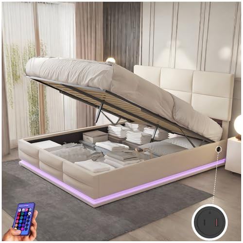 Sapgaks Gepolstertes Bett mit LED-Leuchten und USB-Ladegerät, Bettkasten 160 x 200 cm, höhenverstellbares Kopfteil, hydraulisches Bett, Doppelbett mit Latten, Bett 160 x 200 cm mit Lattenrost, Samt,