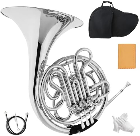 Double French horn, French horn, 4-button F/B tuning, select brass, one-piece French horn design, comes with backpack, gloves, cleaning cloth, and cleaning tool kit(silver, all-in-one)
