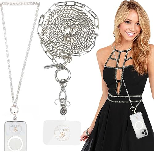 VIPERFLY Phone STRAP Crossbody Chain Stainless Steel Phone LANYARD Handmade Phone CHARM Strap 2in1 Metal Phone Lanyard CROSSBODY +WRIST Strap Chain+ Tether Tab PATCH Rotatable 360° Women Gift SILVER