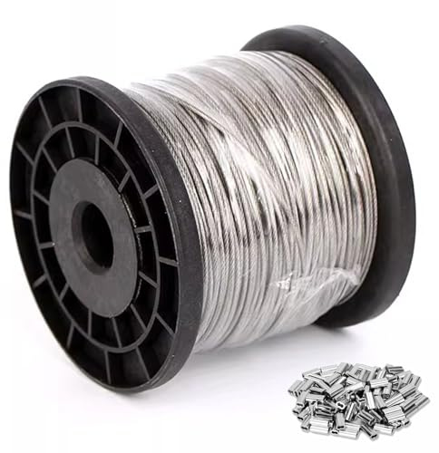 COYOUCO 0,8-1,5 mm vajer 304 rostfritt ståltrådskabel, 100m / 328ft flygplanskabel med 30st krymphylsor, utomhusljusguidetråd, lämplig för ljusslingor, klädstreck,1mm