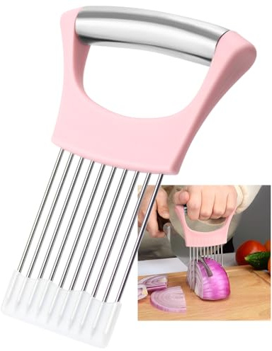Soporte de cebolla de acero inoxidable rosa para rebanar, soporte para rebanar cebolla, cortador de cebolla para cortar cebollas, tomates, aguacates, huevos y otras verduras, regalo del día de San