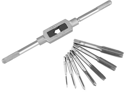Hoteche 8 pcs Taps Set with Adjustable Tap Wrench 1/16-1/2'' for Internal and External Threading Taps Size M3 M4 M5 M6 M8 M10 M12