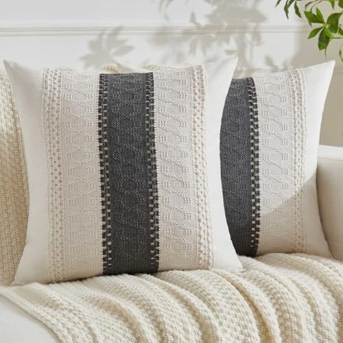 Jayusaror Kissenbezug 45x45 Grau Boho Makramee Baumwolle Leinen Kissenbezüge Sofakissen Landhausstil Kissenhüllen Dekokissen Kissen Modern Zierkissenbezug für Sofa Wohnzimmer 2er Set