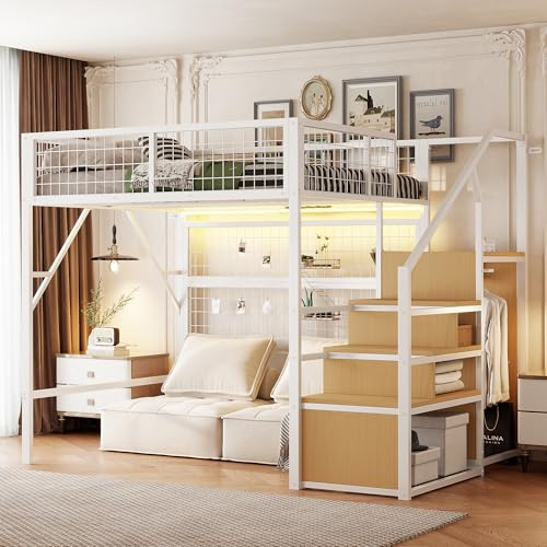 YuQozii Cama litera de hierro, 140 x 200, cama alta con barra de luz ambiental controlada por aplicación, escalera con espacio de almacenamiento y armario abierto (blanco)