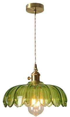 LIGINOK Lámpara Colgante de Cristal de Loto,Luz Colgante de Techo de Latón Vidrio Vintage,E27 Lámpara de Araña Industrial Lámpara de Techo Salón para Cocina Pasillo Comedor(Verde)