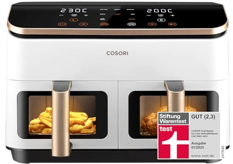 COSORI Heißluftfritteuse 2 Kammern, Testsieger der Stiftung Warentest, 8,5 L 6-in-1 Airfryer mit Sichtfenster, Schwarz-weiß