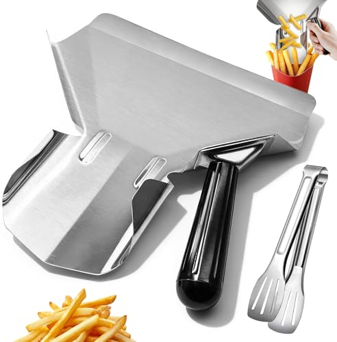 WZYTEU Pommes Schaufel Edelstahl, Pommes Portionierer mit Griff 22.5 × 21cm | Multifunktionale Pommesschaufel Verdicken für Pommes Frites, Popcorn, Snacks, mit Küchenzange