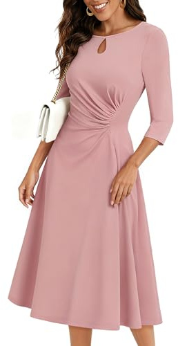 Aupuls Robe d'invité de mariage à manches 3/4 pour femme, coupe ajustée et évasée, robe formelle mi-longue froncée, rose poudré, Taille M