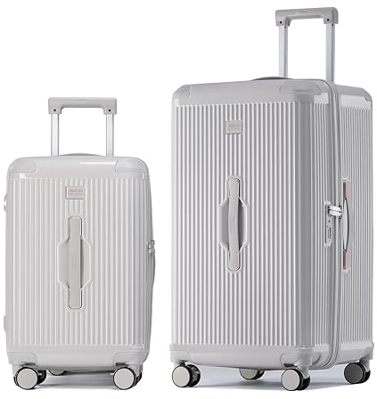 LIGHTGO Set de 2 Valises (20 Pouces + 30 Pouces) avec Porte-Téléphone et Porte-Gobelet, Serrure Travel Sentry, Fermetures à glissière de Haute qualité, Coque PC Pure (Gris Thé au Lait)