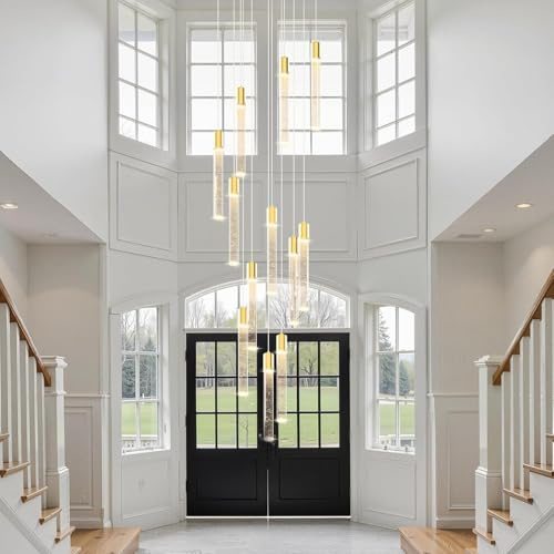 RuiRfh Grand lustre cristal escalier en colimaçon Suspension LED bulle K9 cristal longue barre lumineuse moderne haut plafond éclairage dimmable rond Suspension Lampe entrée escalier foyer villa