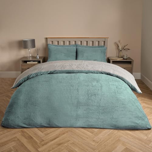 Brentfords Super King Teddy Fleece Duvet Set, Christmas Winter Fluffy Cosy Reversible Superking Duvet Set Super Soft Warm Thermal Teddy Bear Bedding with Pillowcases, Duck Egg/Grey