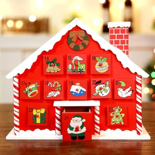 Casa de Adviento Navideña, Calendario Decorativo de Madera con 24 Compartimentos, Diseño de Casa con Chimenea, Rojo y Blanco, Estilo Tradicional Navideño