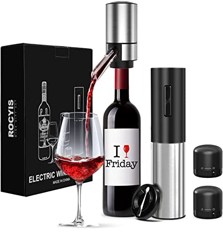 Rocyis Wine Gifts-Electric Wine Opener and Aerator Set-Wine Dispenser Battery Operated, Rechargeable Wine Bottle Opener & Pourer with Foil Cutter, Vacuum Stoppers